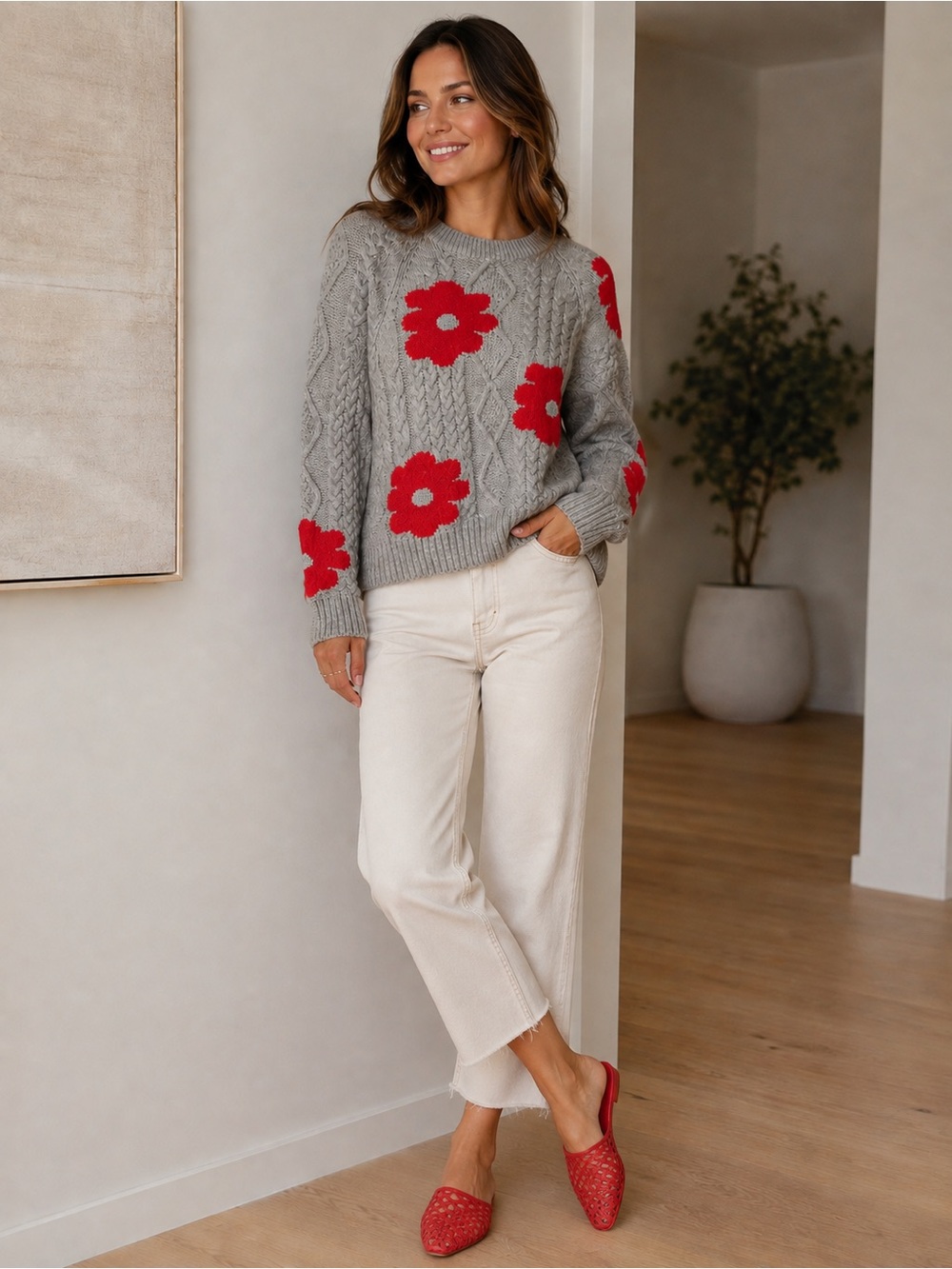 Maeve Gray Cable-Knit Sweater with Red Floral
